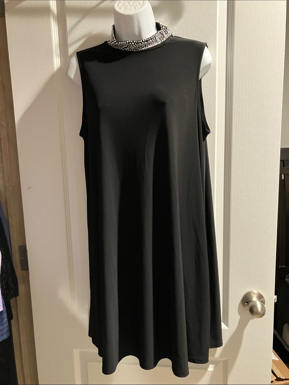 Tiana B. Black Sleeveless Midi Dress with Beaded Collar